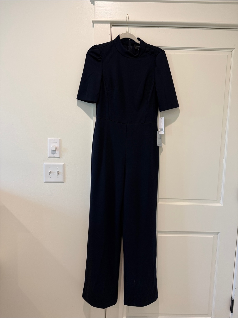 Donna Morgan Navy Short-Sleeve Wide-Leg Jumpsuit